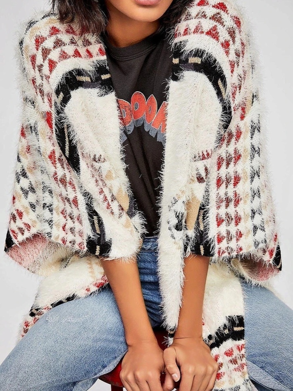 Free People Canyonland Kimono Fuzzy Cardigan Cream & Red one size
